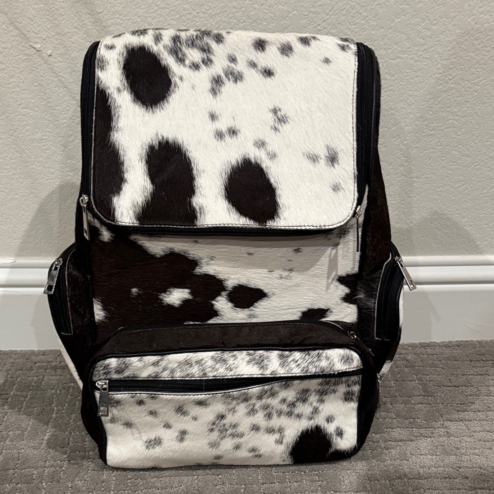 Stylish Black and White Hair on Hide Large Leather Backpack